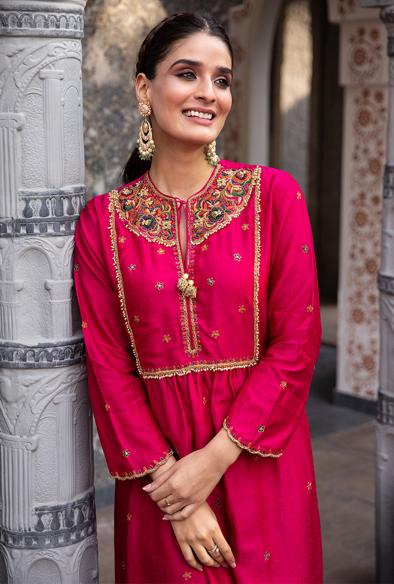 Rani Pink Floral Zardozi Ulfat Kurta Set