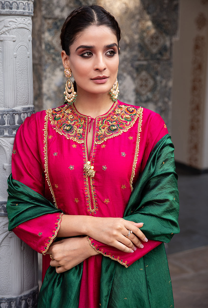 Rani Pink Floral Zardozi Ulfat Kurta Set