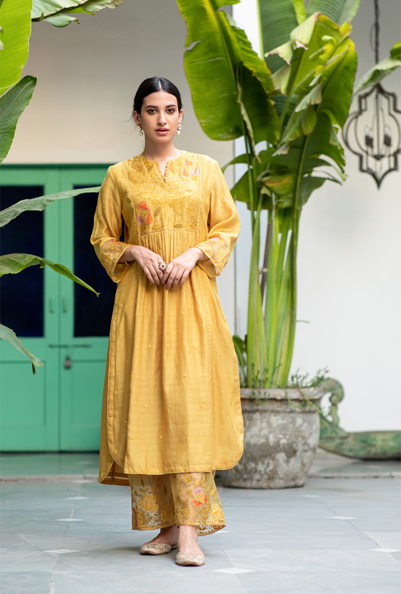 Yellow Applique Yoke Nazam Kurta Set