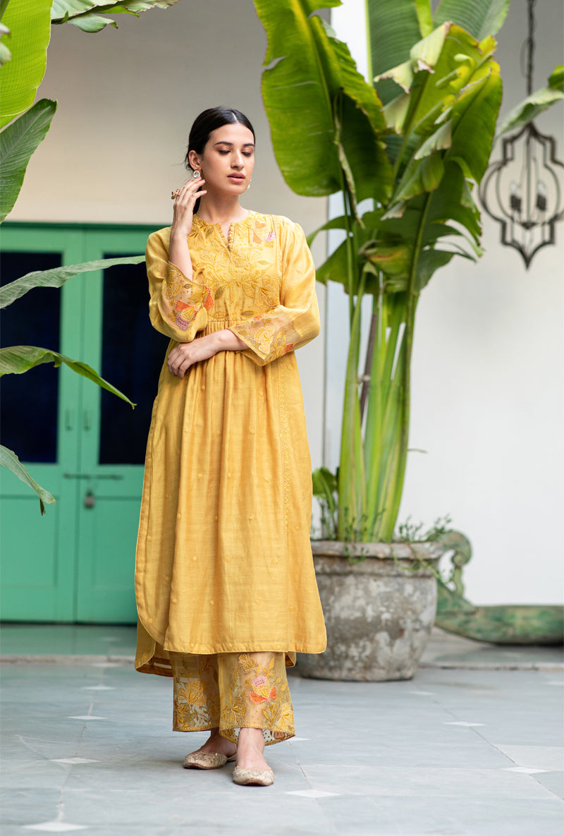 Yellow Applique Yoke Nazam Kurta Set