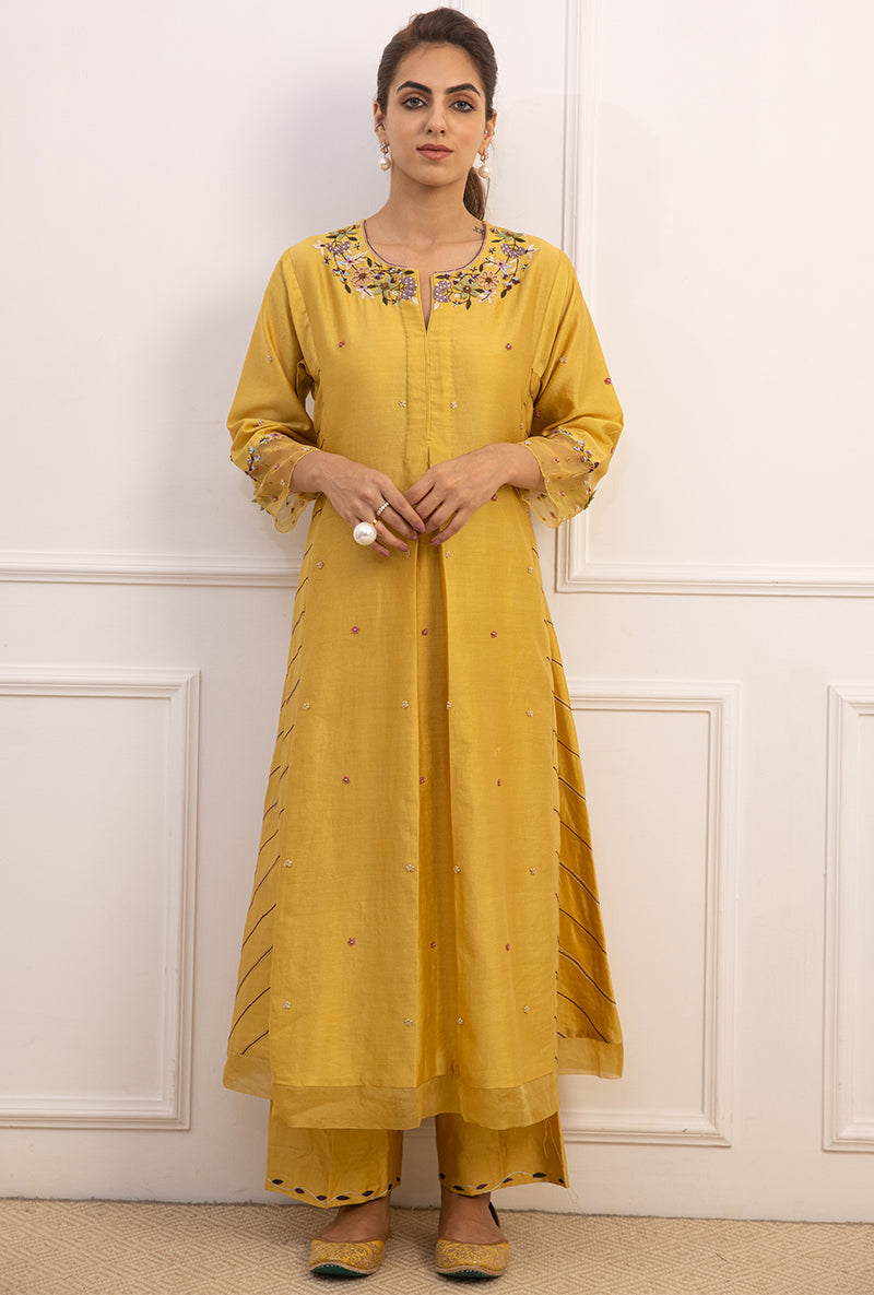 Yellow French Knot Side Stripe Suhaani Kurta Set