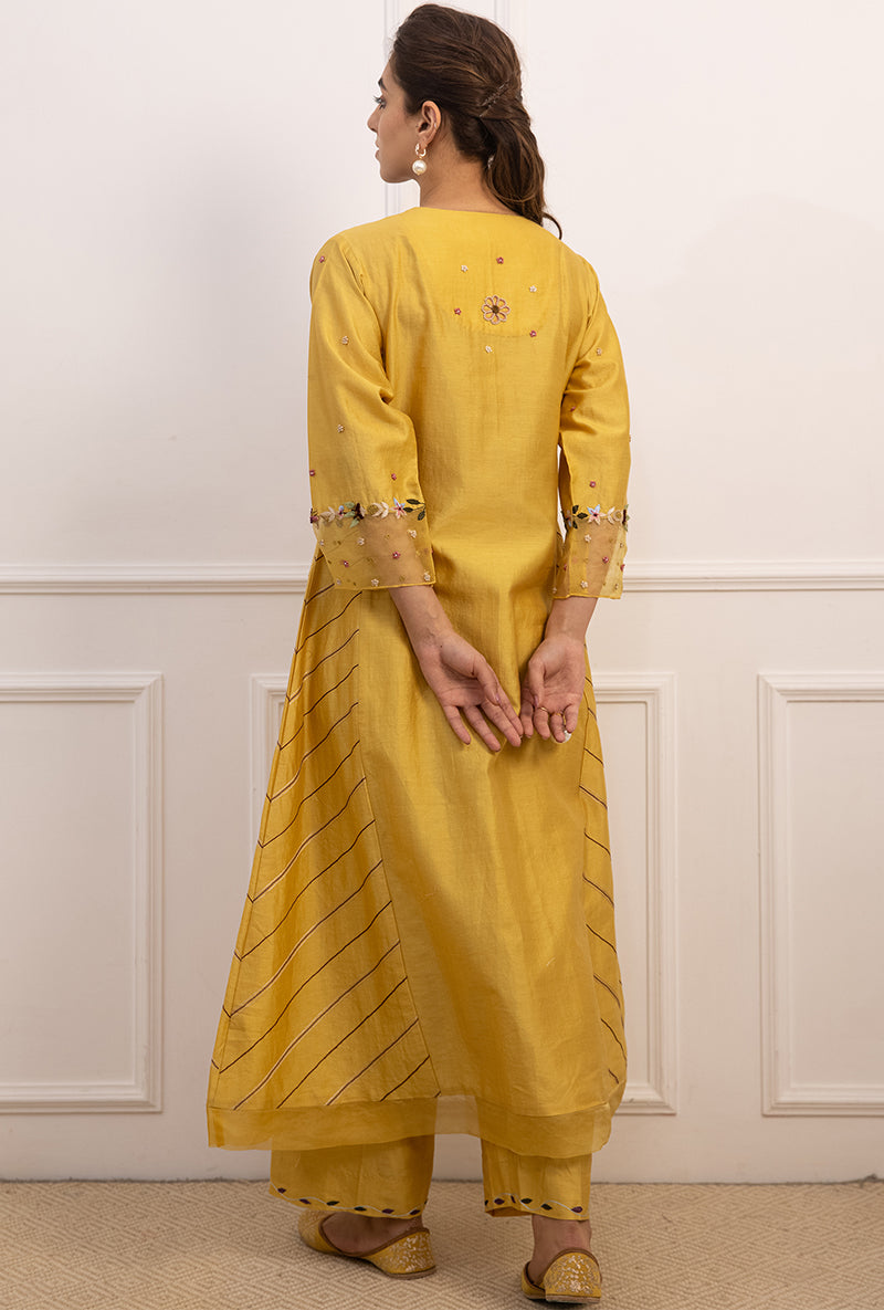 Yellow French Knot Side Stripe Suhaani Kurta Set