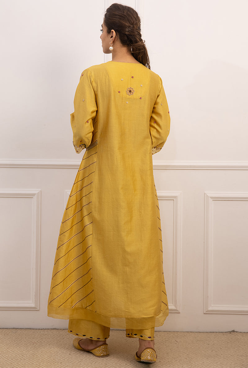 Yellow French Knot Side Stripe Suhaani Kurta Set