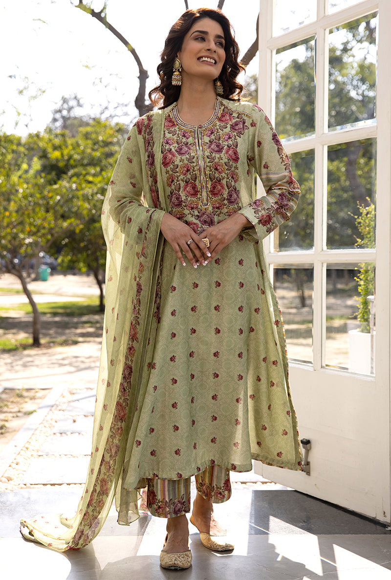Green Classic Rose and Stripe Suhaani Kurta Set