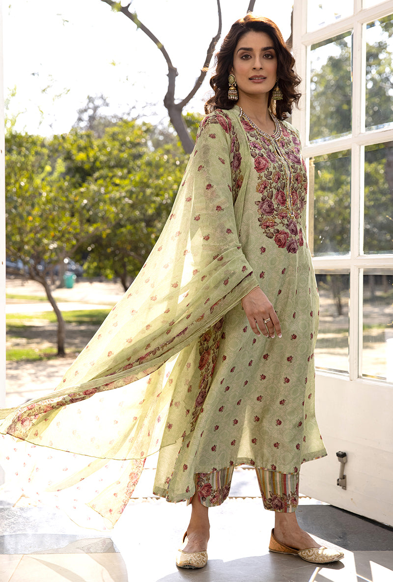 Green Classic Rose and Stripe Suhaani Kurta Set