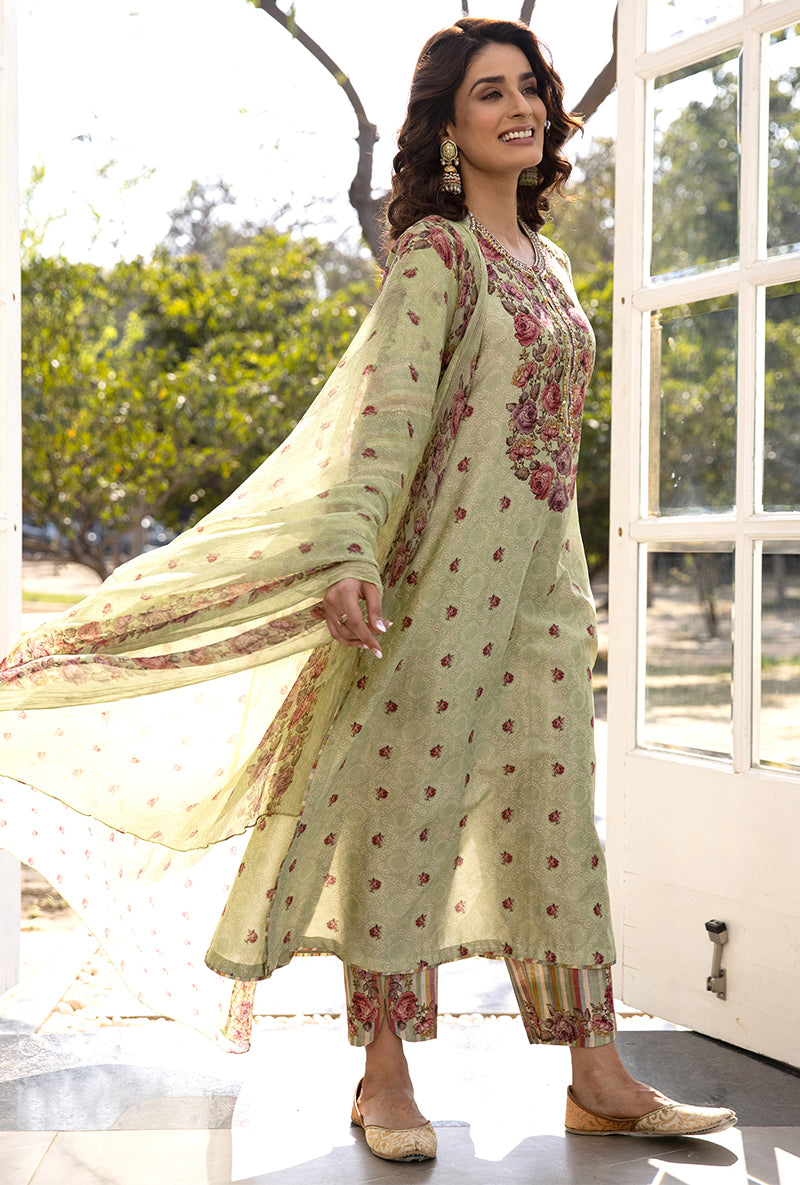 Green Classic Rose and Stripe Suhaani Kurta Set