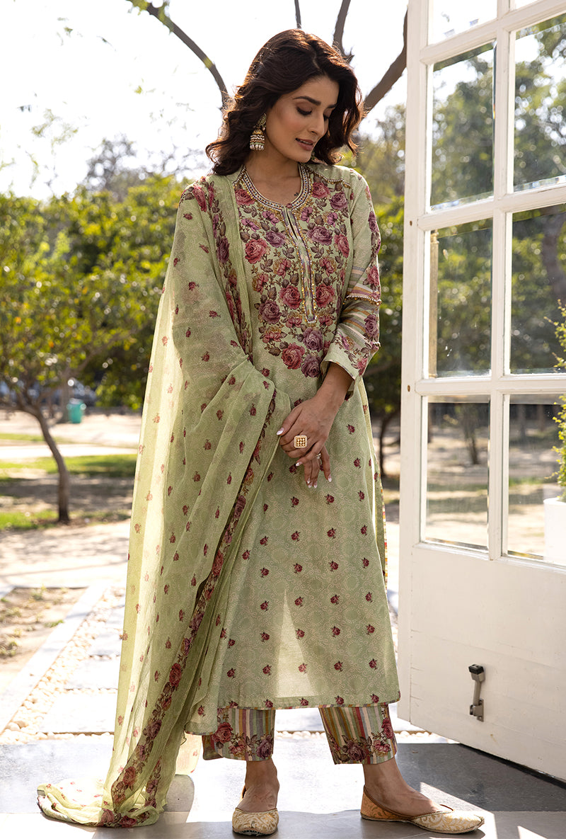Green Classic Rose and Stripe Suhaani Kurta Set