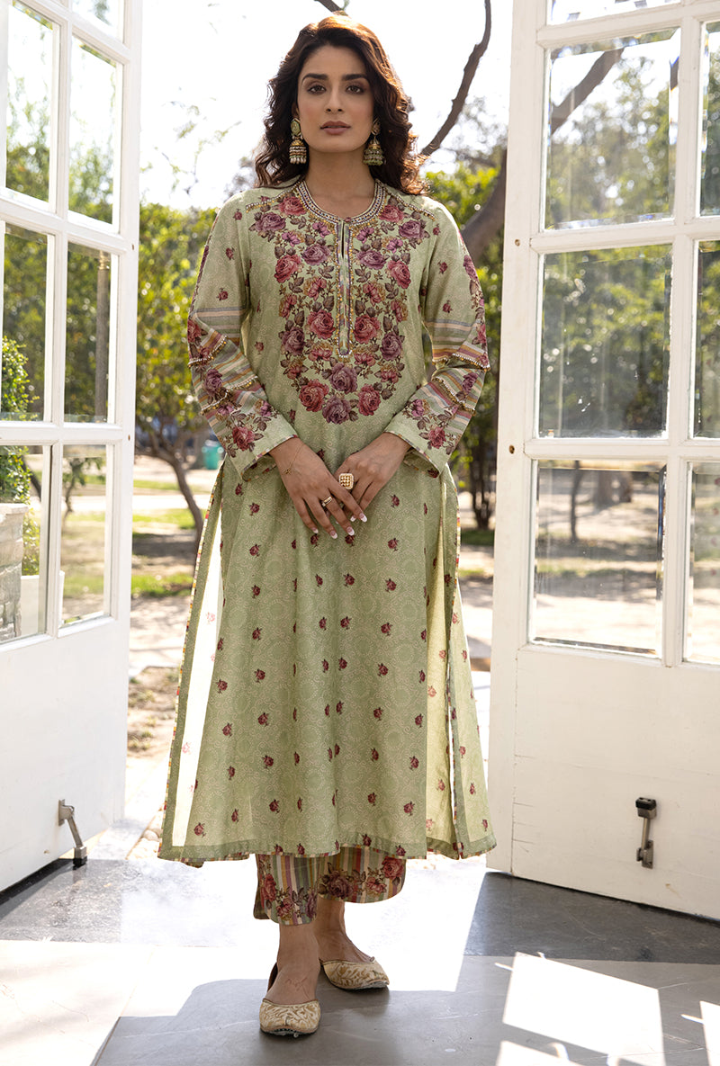 Green Classic Rose and Stripe Suhaani Kurta Set