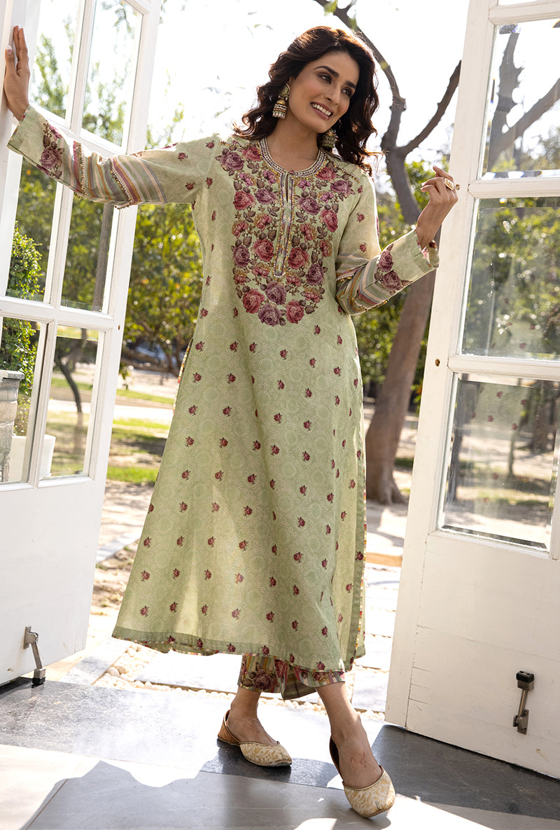 Green Classic Rose and Stripe Suhaani Kurta Set