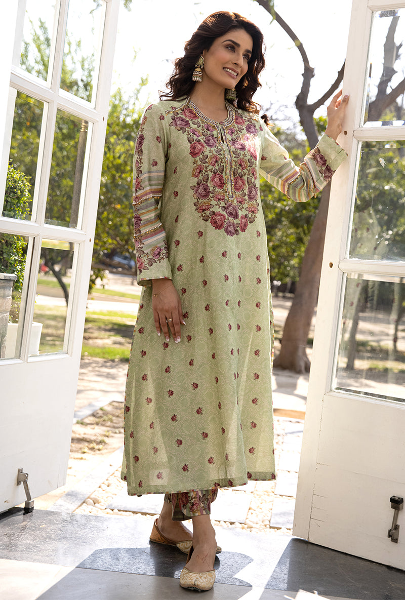 Green Classic Rose and Stripe Suhaani Kurta Set