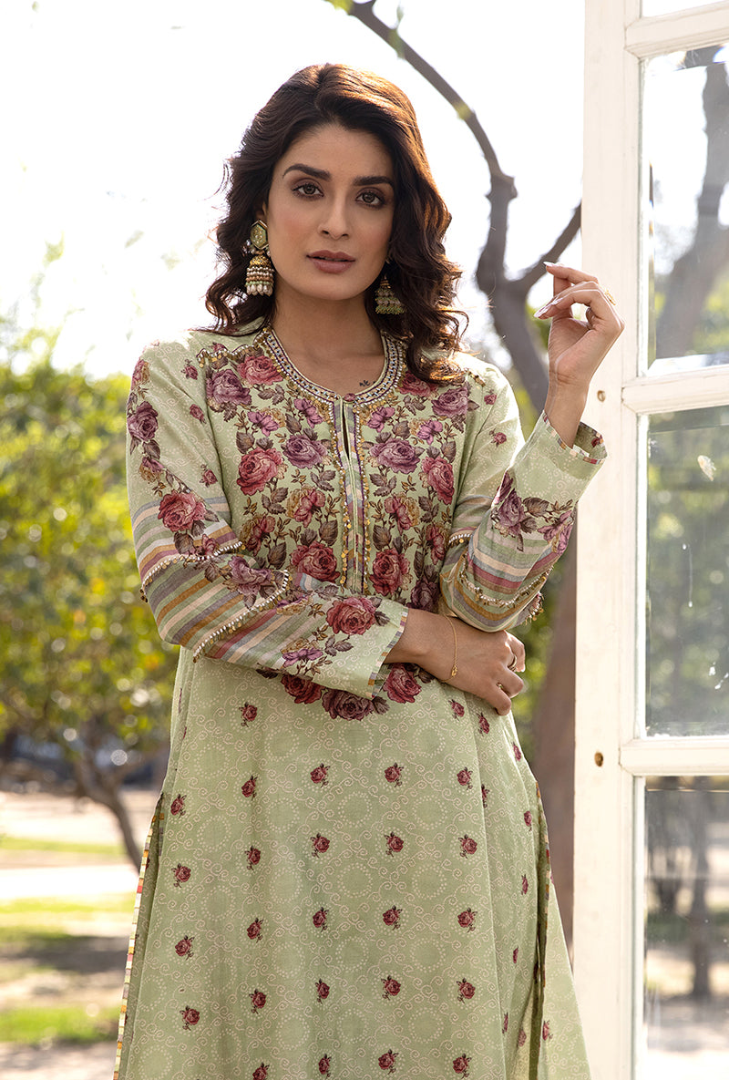 Green Classic Rose and Stripe Suhaani Kurta Set
