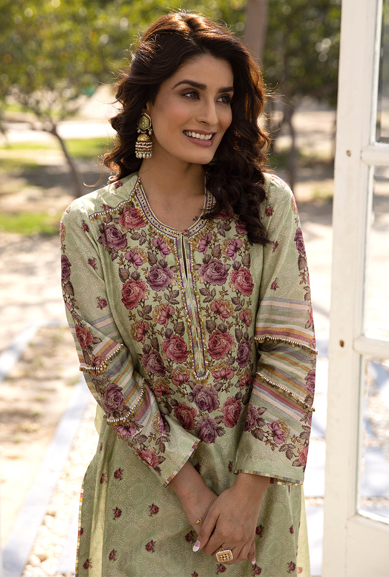 Green Classic Rose and Stripe Suhaani Kurta Set