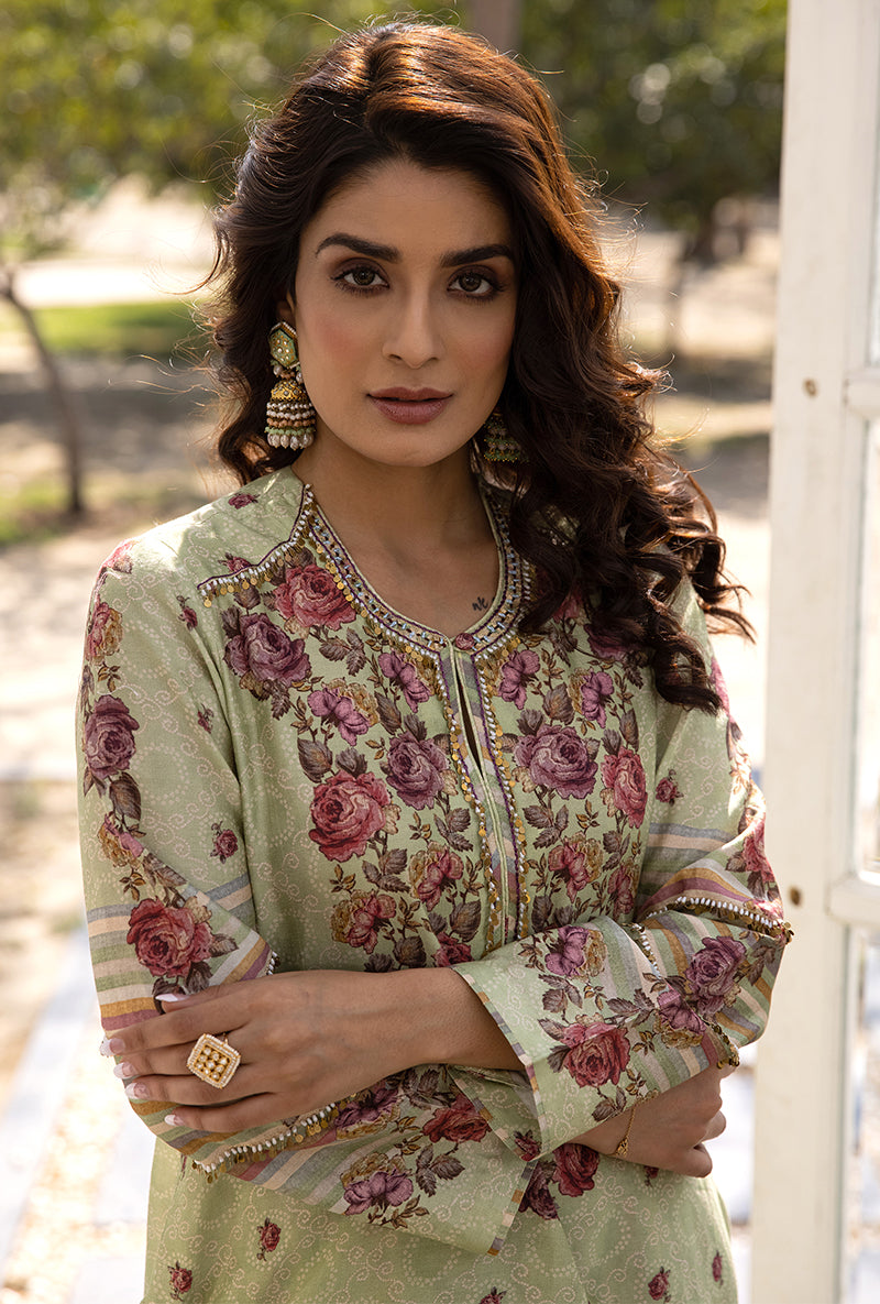 Green Classic Rose and Stripe Suhaani Kurta Set