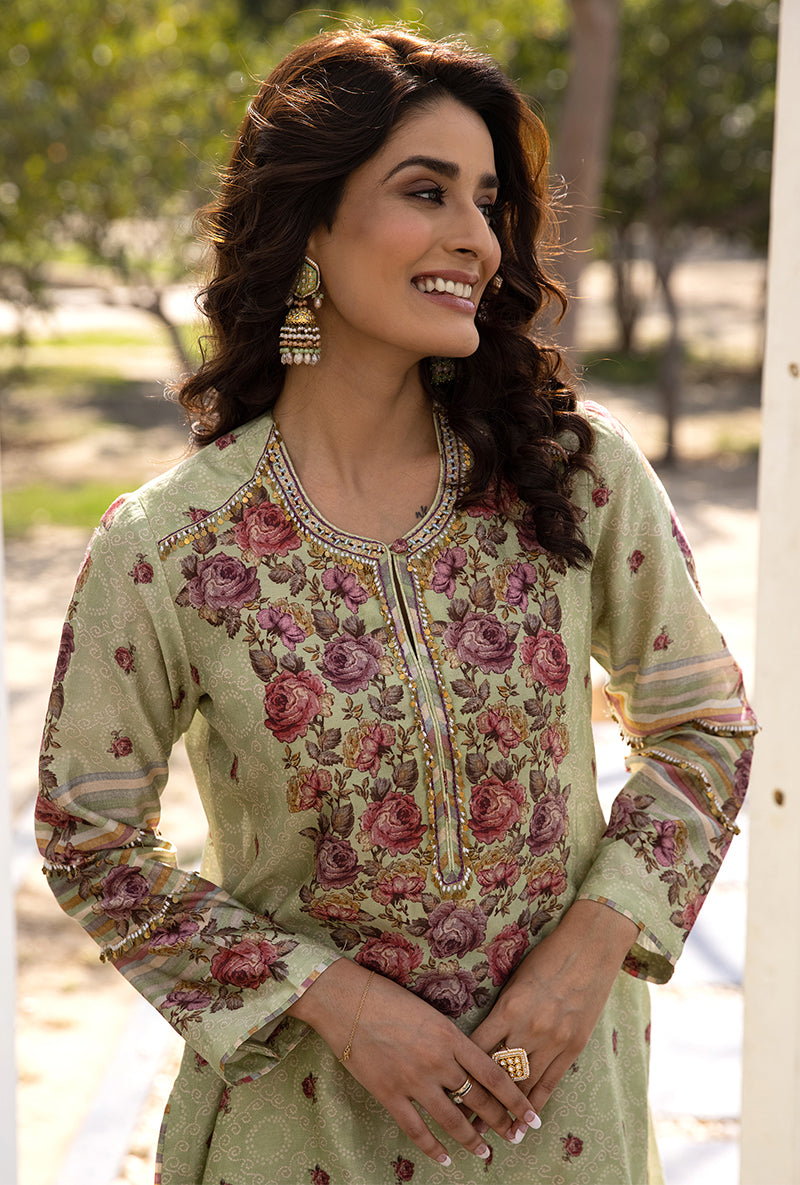 Green Classic Rose and Stripe Suhaani Kurta Set