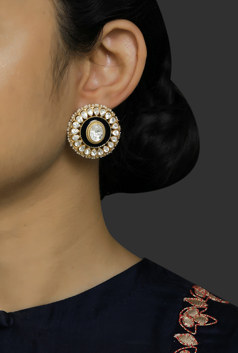 Gold Plated Silver Oval Polki Stud With Blue Enamel & Fresh Water Pearl Border