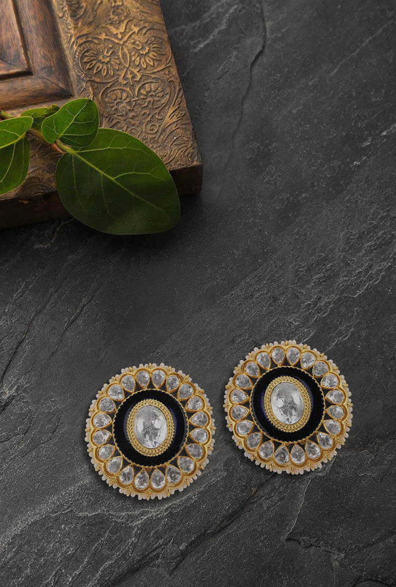 Gold Plated Silver Oval Polki Stud With Blue Enamel & Fresh Water Pearl Border