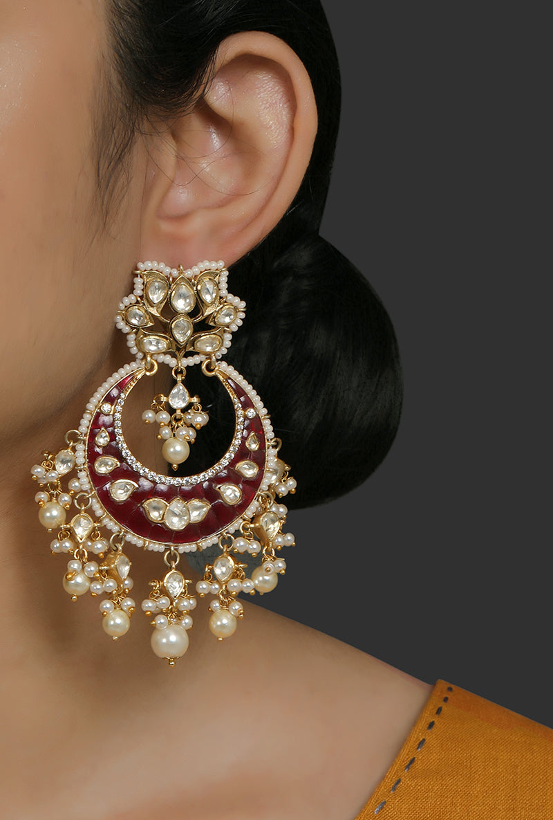 Red Gold Plated Silver Polki Chandbali With Pearl Drops