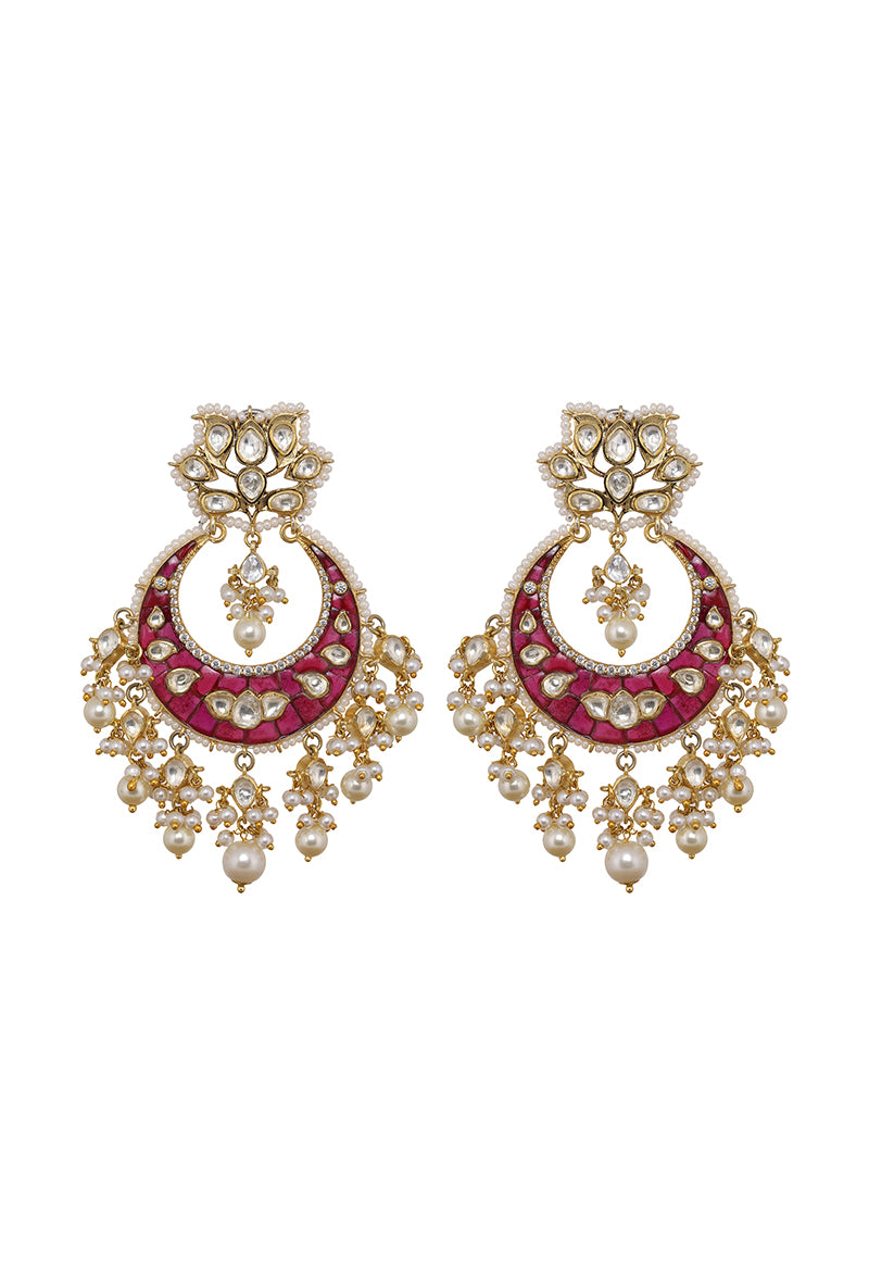 Red Gold Plated Silver Polki Chandbali With Pearl Drops