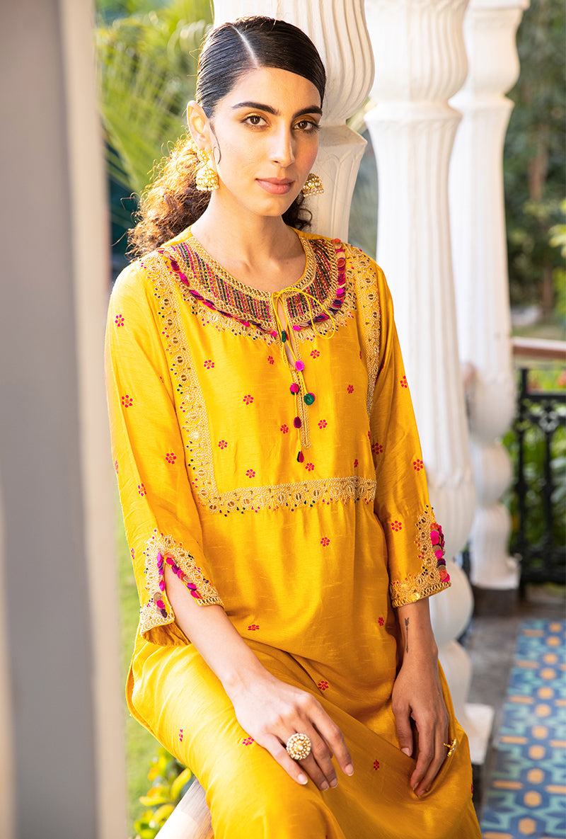 Mustard Colorful Coin Square Neck Sunehri Kurta Set