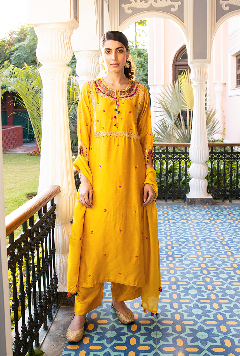 Mustard Colorful Coin Square Neck Sunehri Kurta Set