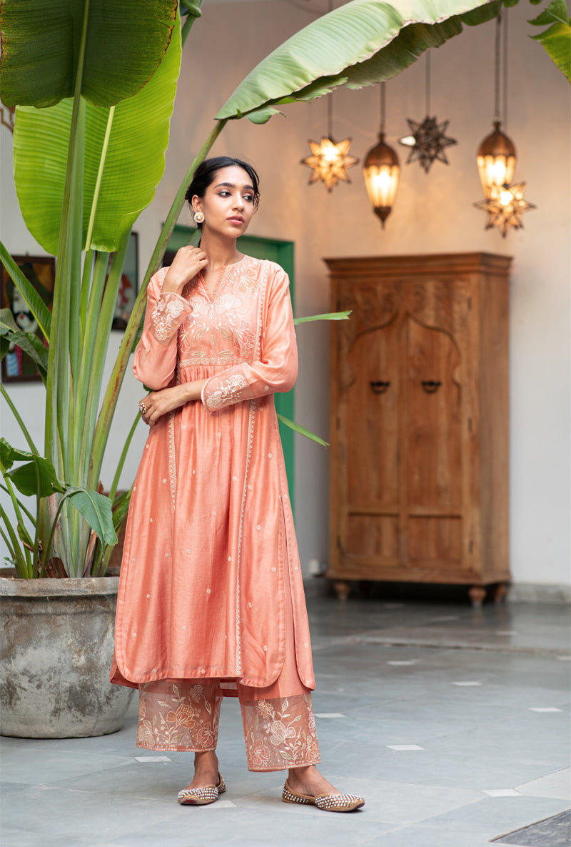 Peach Applique Yoke Nazam Kurta Set