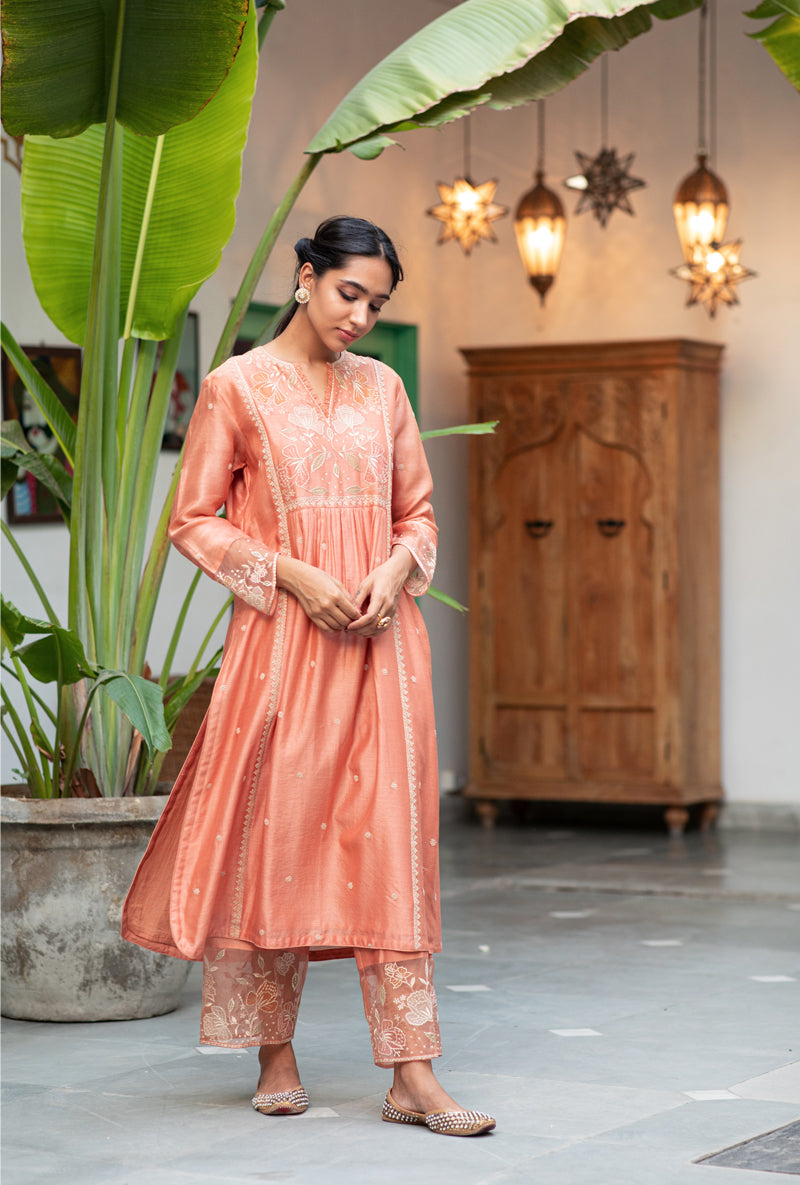 Peach Applique Yoke Nazam Kurta Set