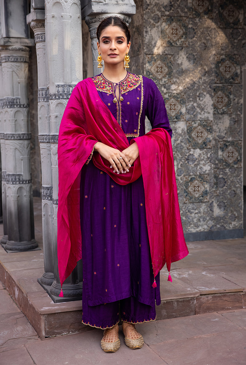 Purple Floral Zardozi Ulfat Kurta Set