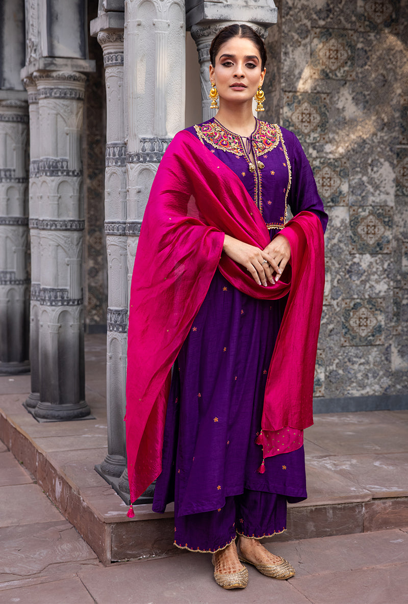 Purple Floral Zardozi Ulfat Kurta Set