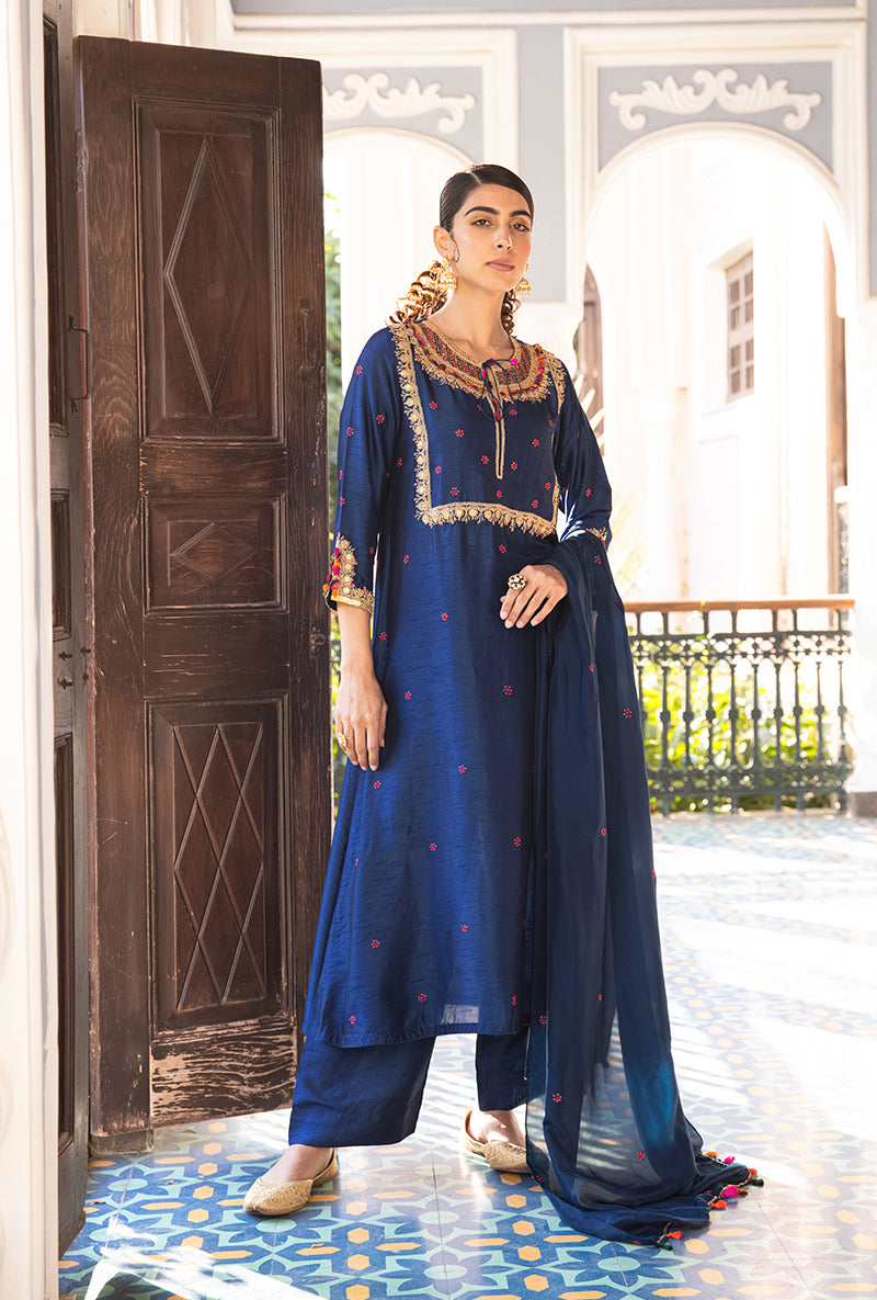 Blue Colorful Coin Square Neck Sunehri Kurta Set