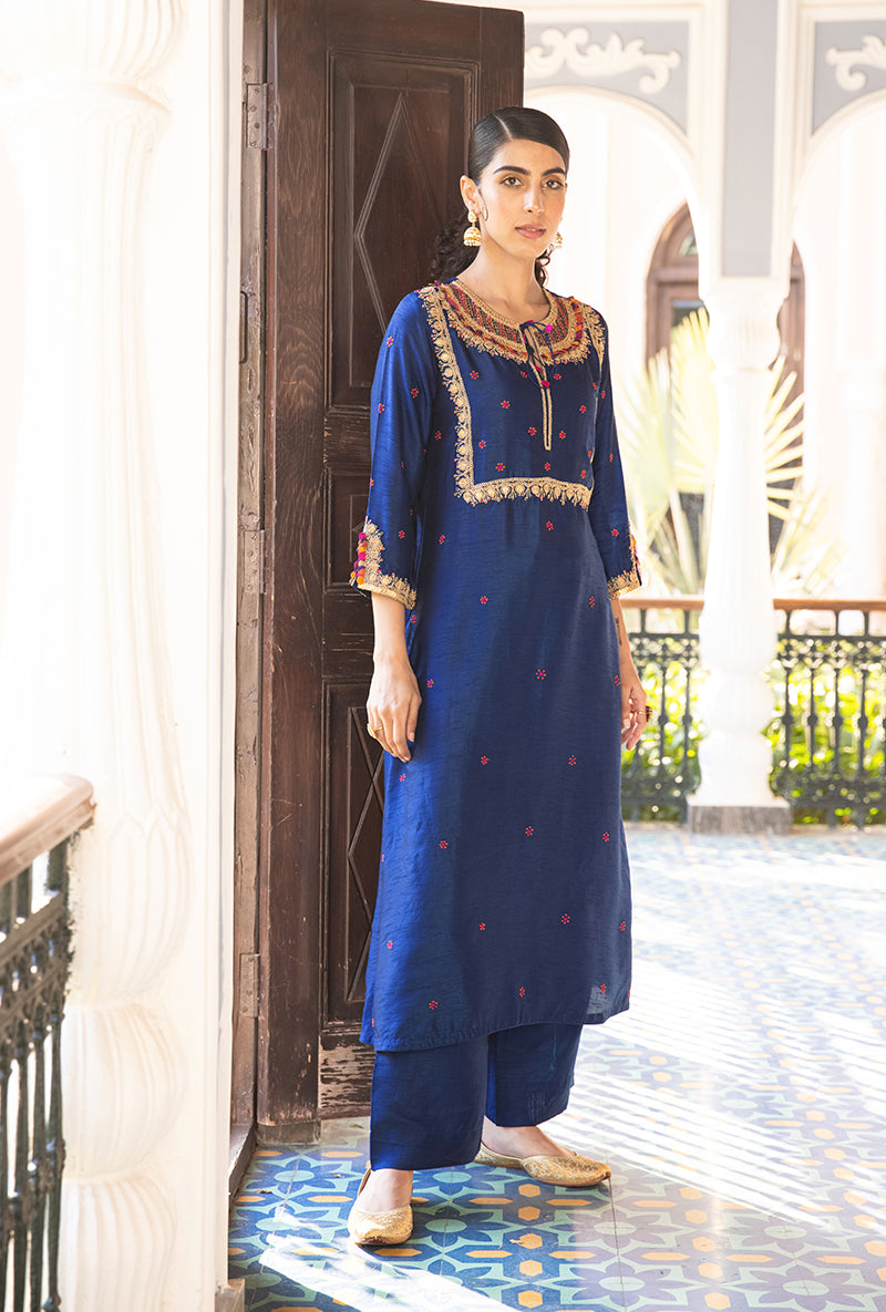 Blue Colorful Coin Square Neck Sunehri Kurta Set