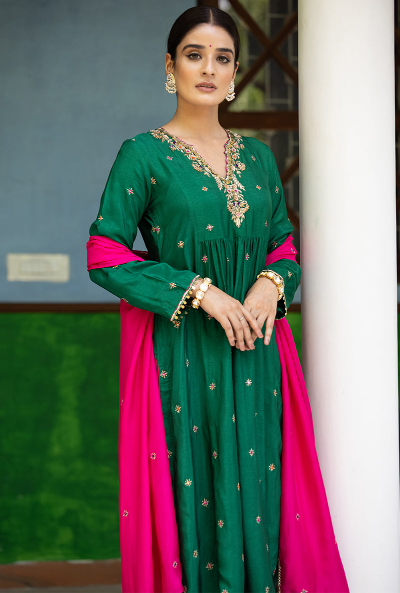 Green Zardozi Front Pleat Aayat Kurta Set