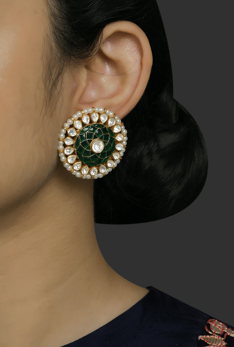Gold Plated Silver Polki Studs With Green Utarai & Pearl Border