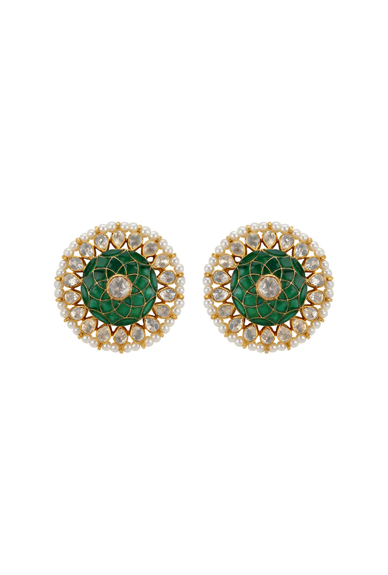 Gold Plated Silver Polki Studs With Green Utarai & Pearl Border