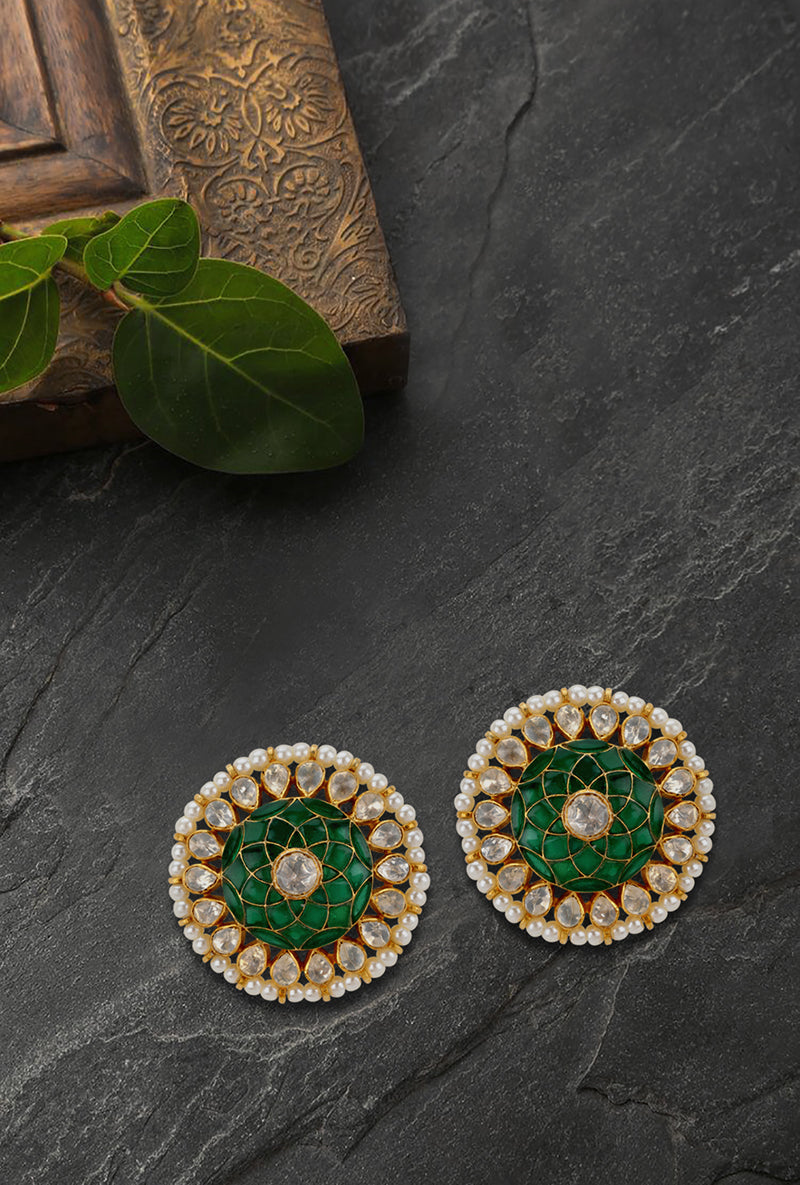 Gold Plated Silver Polki Studs With Green Utarai & Pearl Border