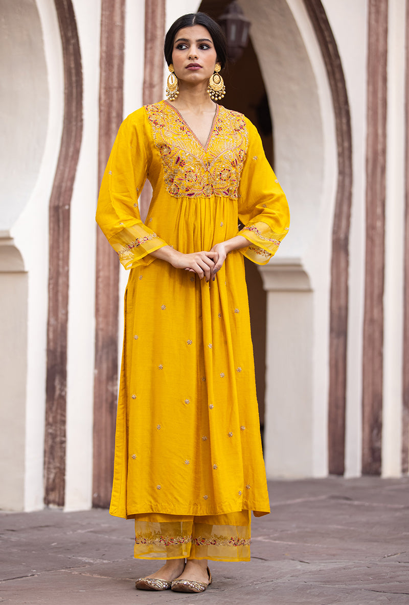 Mustard Leaf Jaal Ulfat Kurta Set