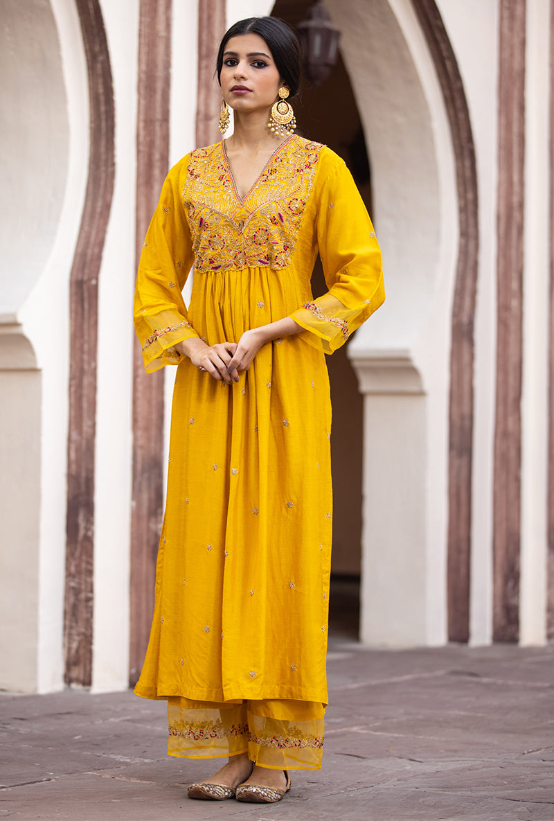 Mustard Leaf Jaal Ulfat Kurta Set