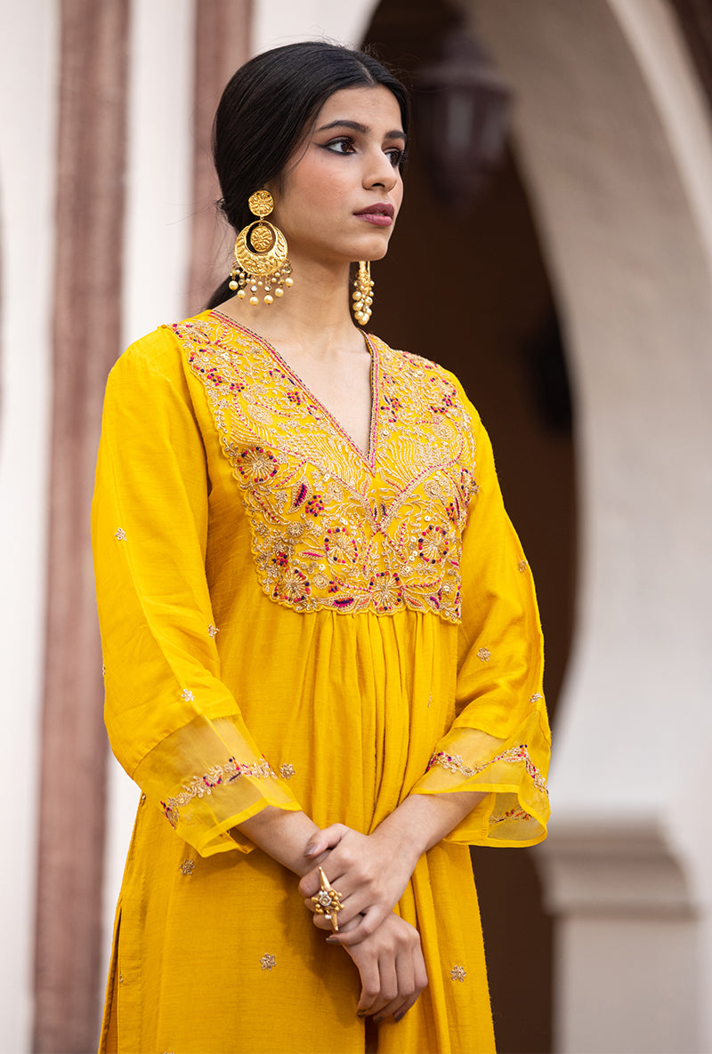 Mustard Leaf Jaal Ulfat Kurta Set