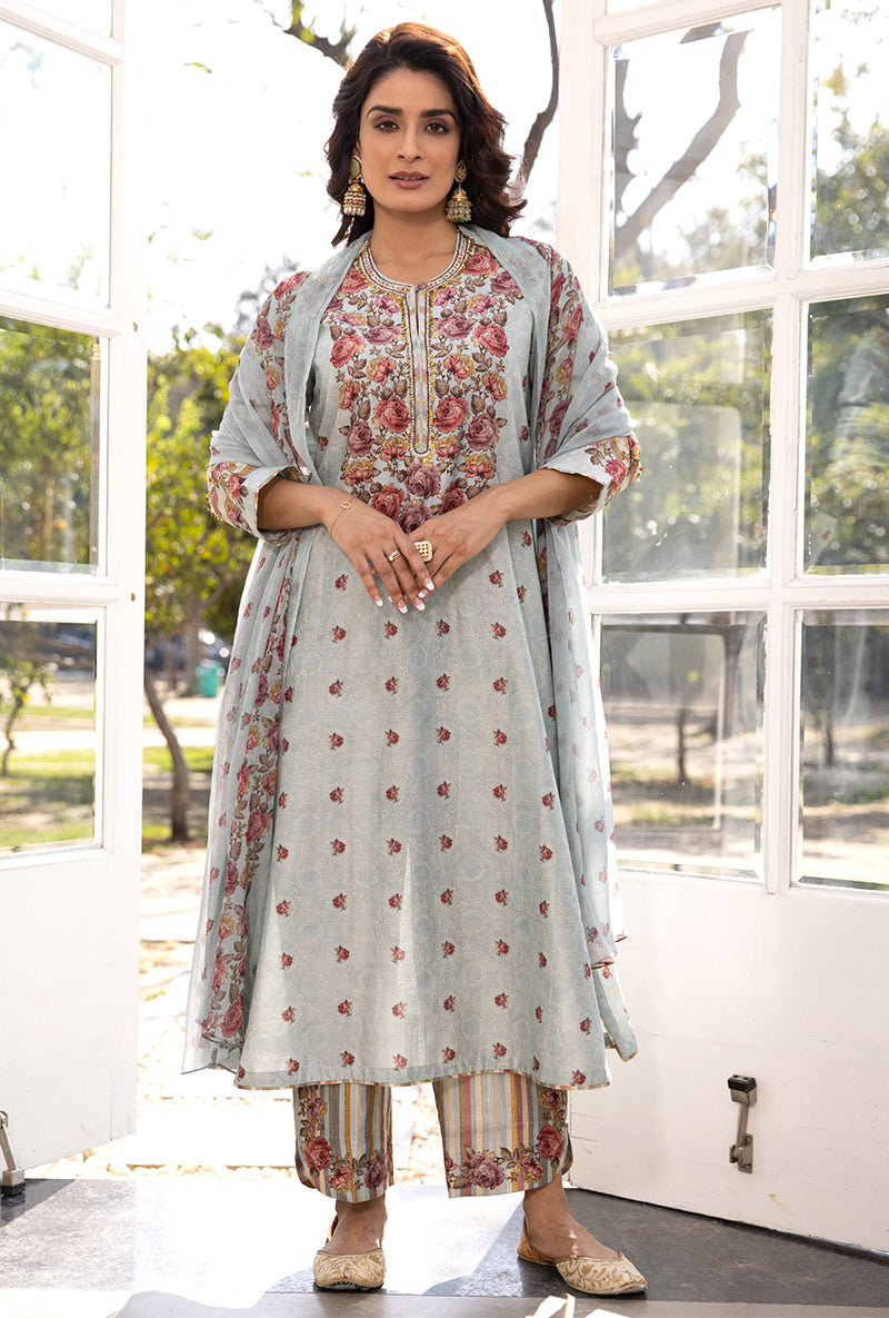 Blue Classic Rose and Stripe Suhaani Kurta Set