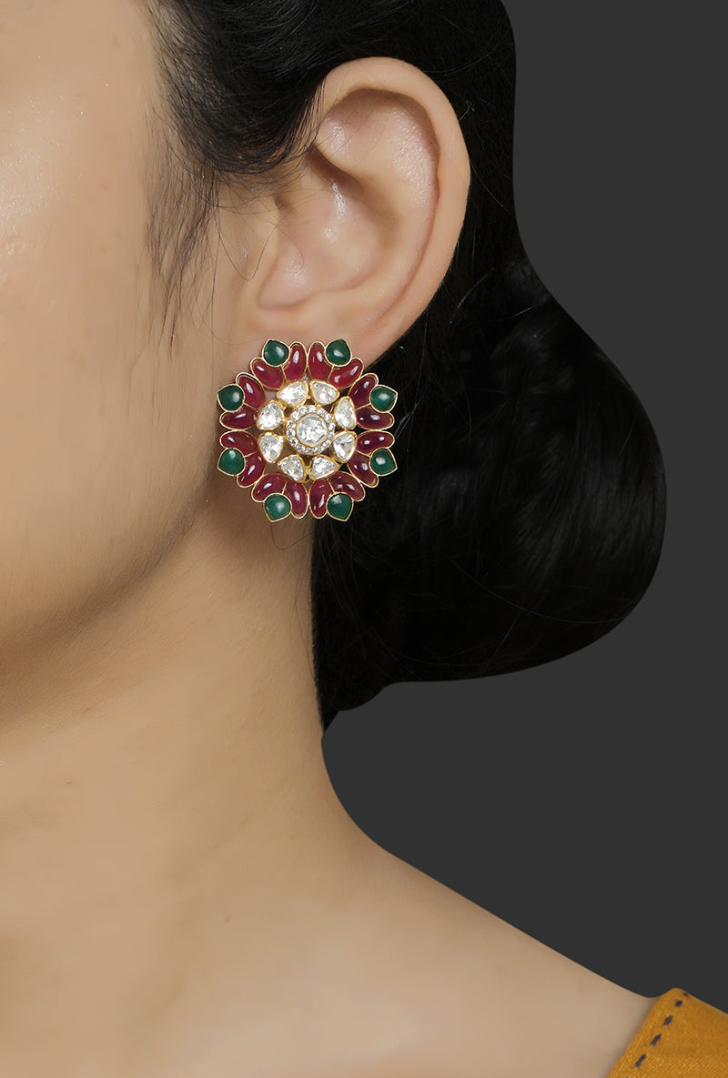 Gold Plated Silver Polki Floral Stud With Green & Red Utarai
