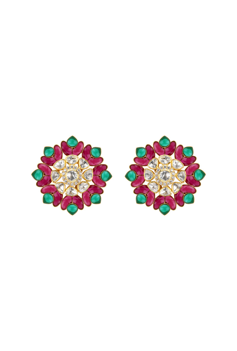 Gold Plated Silver Polki Floral Stud With Green & Red Utarai