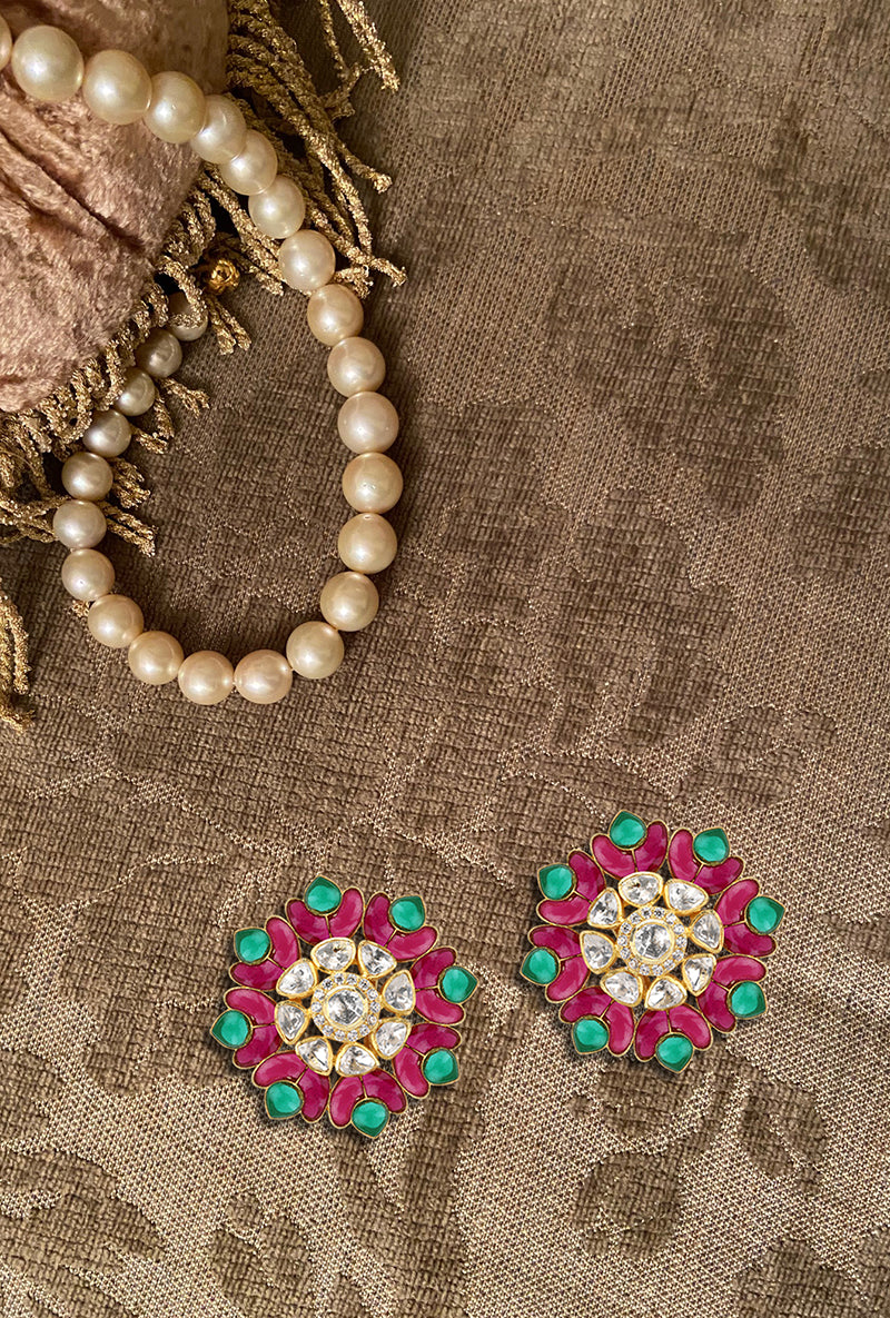 Gold Plated Silver Polki Floral Stud With Green & Red Utarai