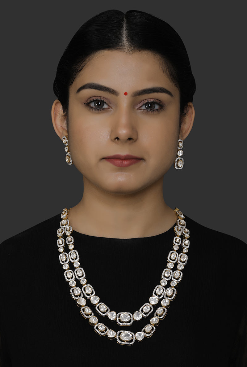 Gold Plated Silver Polki & Diamond Double Line Necklace With Earrings