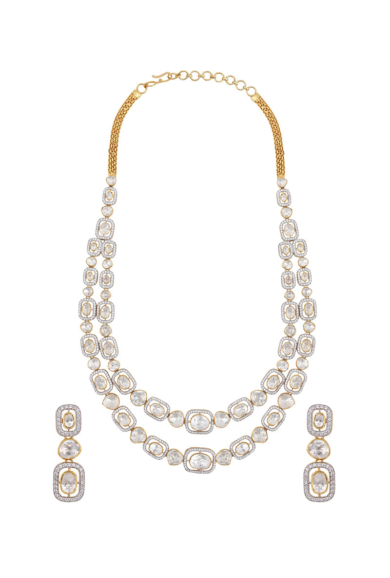 Gold Plated Silver Polki & Diamond Double Line Necklace With Earrings