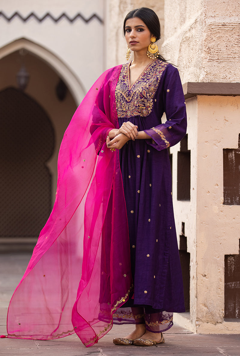 Purple Leaf Jaal Ulfat Kurta Set