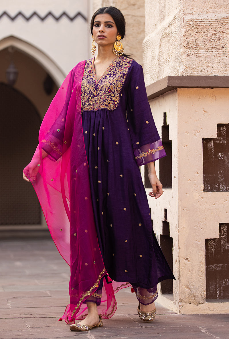 Purple Leaf Jaal Ulfat Kurta Set