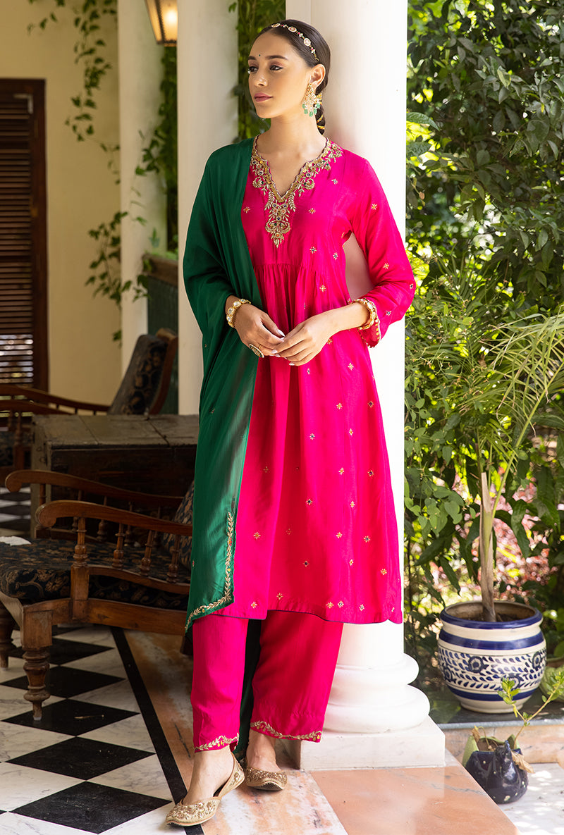 Rani Pink Zardozi Front Pleat Aayat Kurta Set