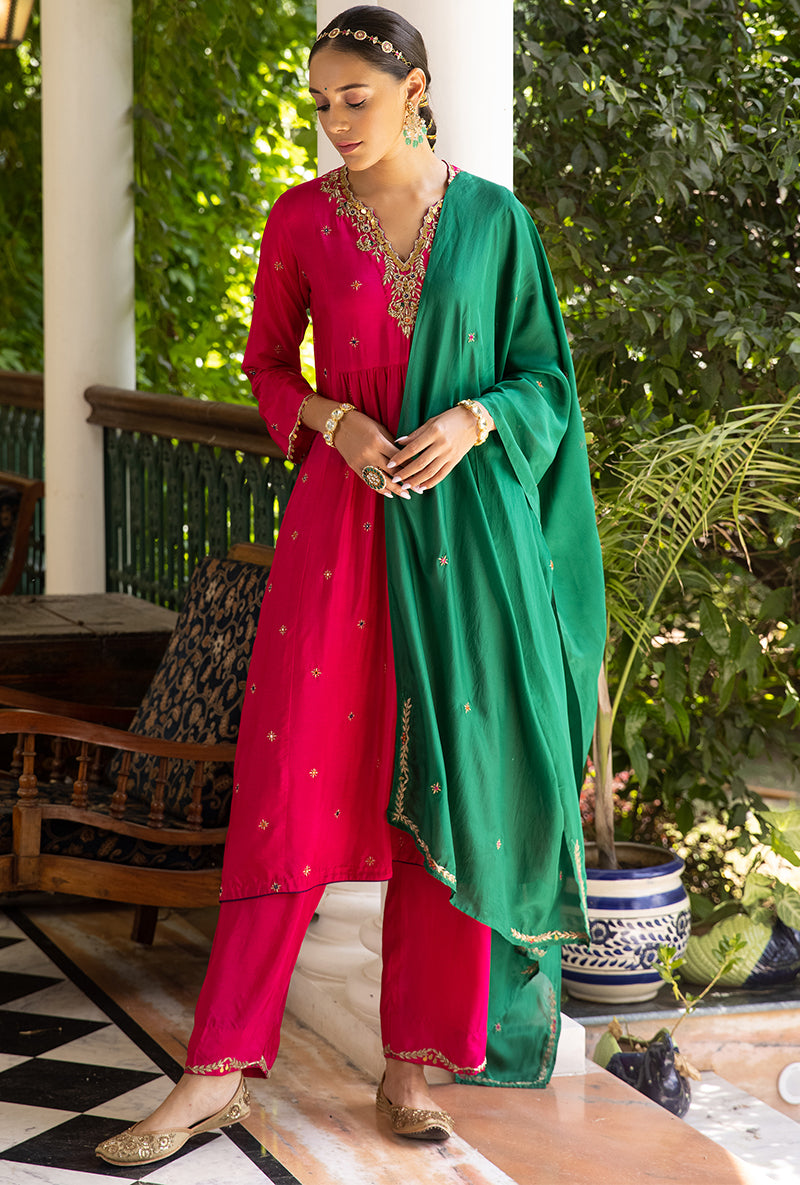 Rani Pink Zardozi Front Pleat Aayat Kurta Set
