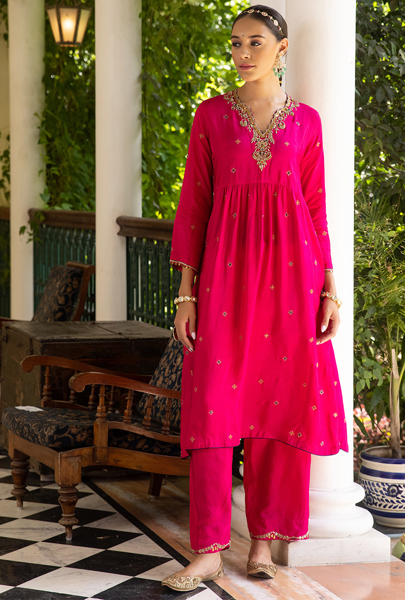 Rani Pink Zardozi Front Pleat Aayat Kurta Set