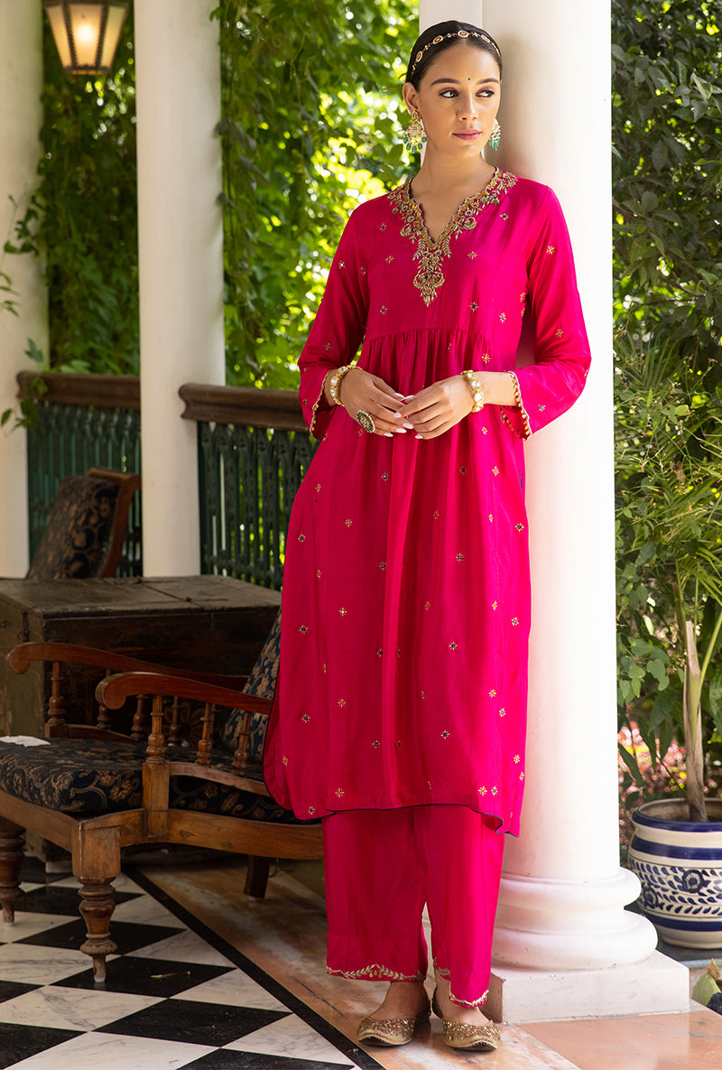 Rani Pink Zardozi Front Pleat Aayat Kurta Set