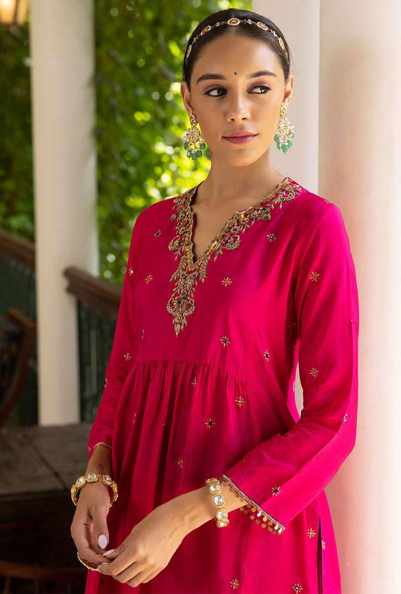 Rani Pink Zardozi Front Pleat Aayat Kurta Set